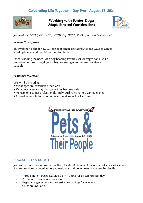 Description of talk on Senior Dogs by Joe Nutkins for the Pet Professional Guild August 2024