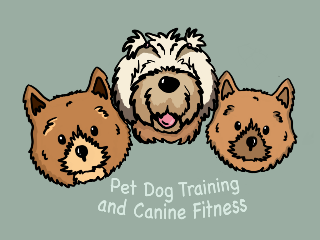 Cartoon logo of three dogs on a green background, two red terrier faces with a grey and white sheepdog in the middle